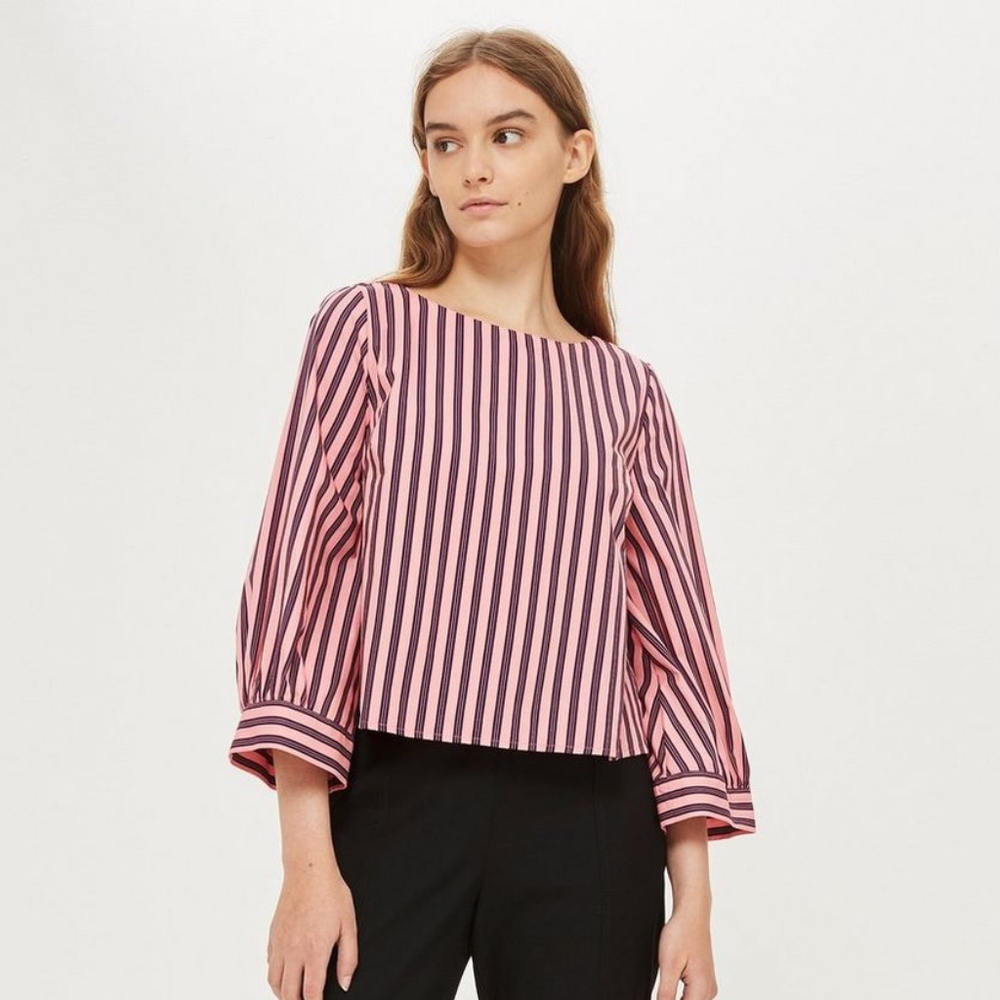 Topshop Pink and Burgandy Wide Sleeve Stripe Top